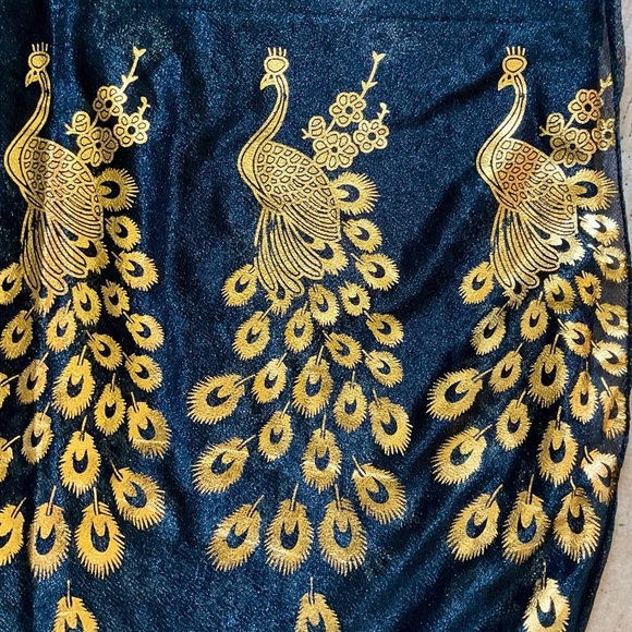 Black Organza Oblong Scarf with Gold Peacocks - Picture 3 of 4